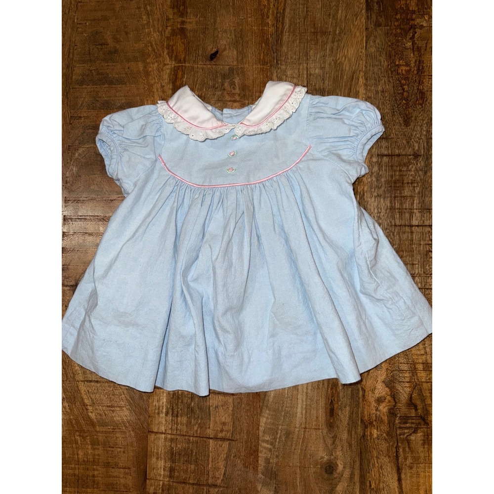 Vintage Rare Editions Baby Dress Blue Eyelet Lace Peter Pan Collar Floral 12M